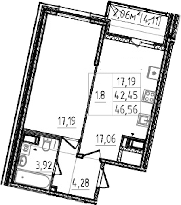 1-комнатная квартира 42.45 м², 14/14 эт., ЖК «Чёрная речка»